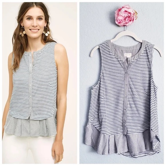 Meadow Rue Navy and White Striped Sleeveless Ruffle Hem Top - Picture 2 of 7